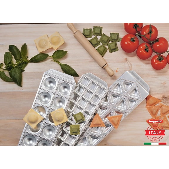 Ravioli Maker Set - Includes 3 Trays & Wooden Rolling Pin - Pasta Machine Accessory for Filled Ravioli - Aluminum Construction - Press Makes 3 Different Shapes - Homemade Italian Cooking