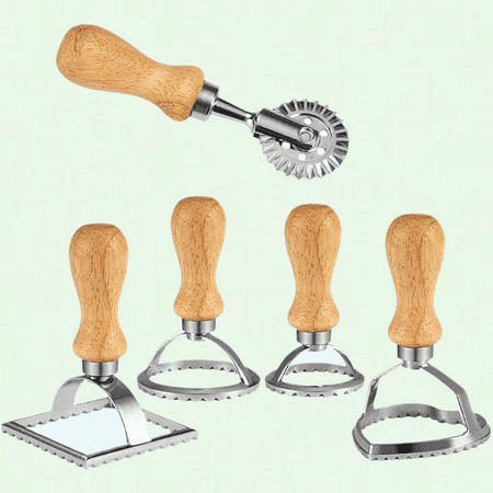 Ravioli Stamp Maker Cutter Set - 5 Shapes with Wooden Handle & Fluted Edge