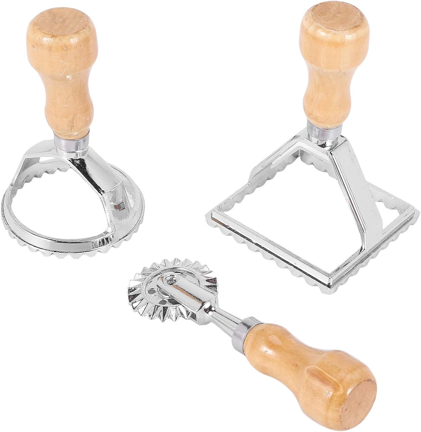 Ravioli Stamp Maker Cutter with Roller Wheel Set, Mold with Wooden Handle for Fluted Edge, Pasta