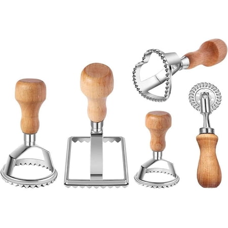 Ravioli Stamp Maker Cutter with Roller Wheel Set, Shape with Wooden Handle and Ribbed Edge, Pasta Press Kitchen Accessories (Set of 4 and Cutter)