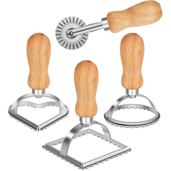 Ravioli Stamp Maker Cutter with Roller Wheel (Set of 4), Wooden Handle and Fluted Edge, for Ravioli, Pasta, Dumplings Lasagna, Pierogi