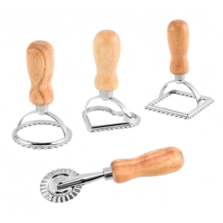 Ravioli Stamp Maker Cutter with Roller Wheel, Wooden Handle and Fluted Edge, for Ravioli, Pasta, Dumplings Lasagna, Pierogi (Set of 4)