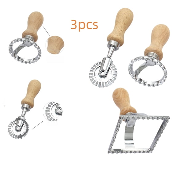 Ravioli Stamp Maker 4 Pack, Pasta Cutter with Wooden Handle and Fluted Edge, Aluminum Ravioli Press for Meat Cheese Vegetable Ravioli, Grip Handle, Square Round