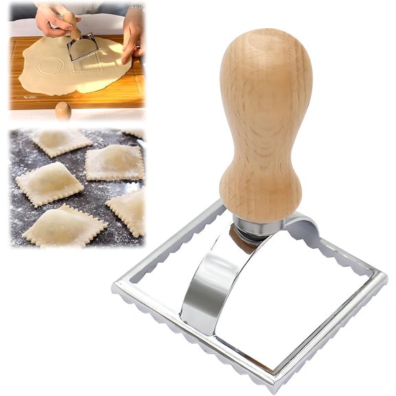 Ravioli Stamp Maker with Wood Handle, Fluted Edge Pasta Cutter Wheel