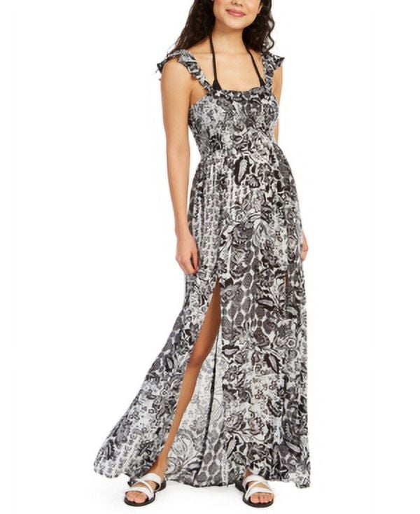 Raviya BLACK/WHITE MULTI Printed Smocked Cover-up Maxi Dress, US Large ...