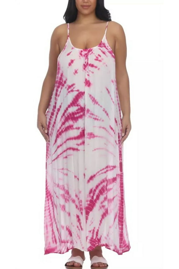 MAGENTA TIE DYE Plus Size Spaghetti Strap Maxi Dress Swim Cover-up, US 0X
