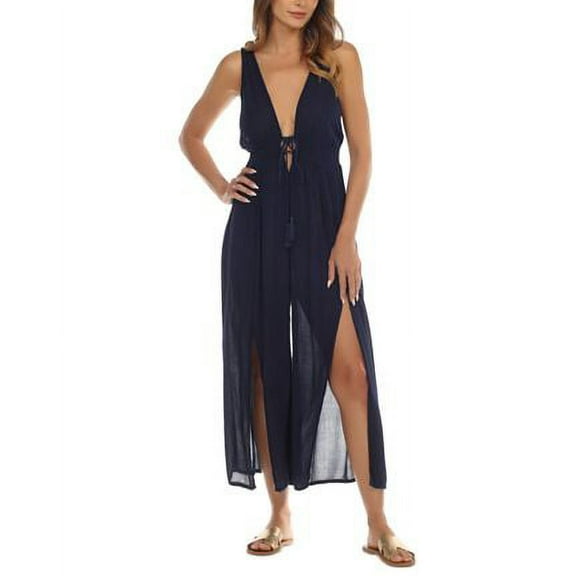 Raviya NAVY Women's Sleeveless Front-Slit Jumpsuit Swim Cover-Up, Medium