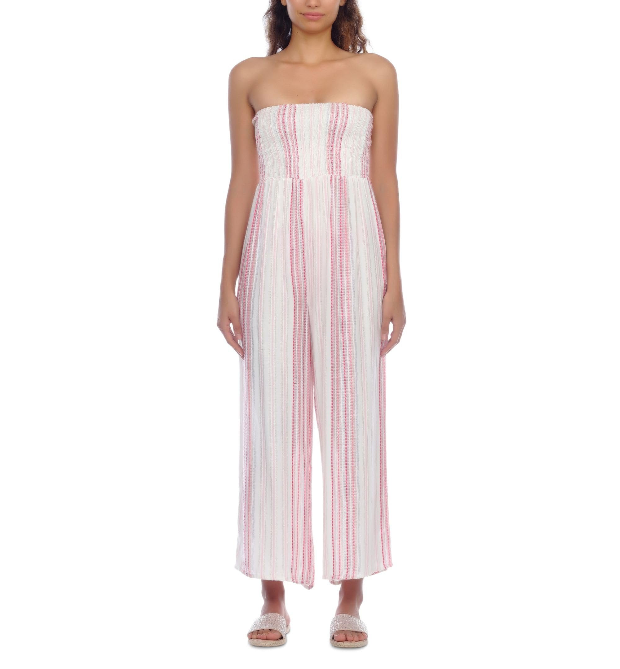 Pink Raviaya Raviya Women's Smocked-Top Jumpsuit Cover-Up Pink Stripe L - Walmart.com