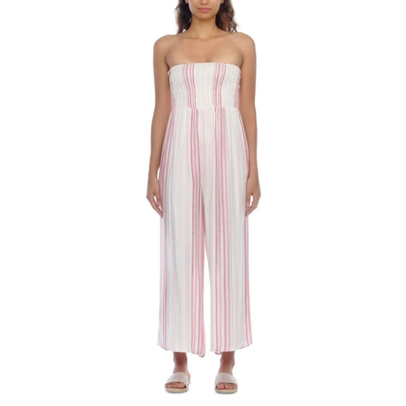 Raviya Women's Smocked-Top Jumpsuit Cover-Up Pink Stripe L