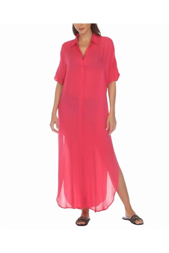 Women's Button-Down Maxi Dress Cover-Up (Raspberry, Medium)