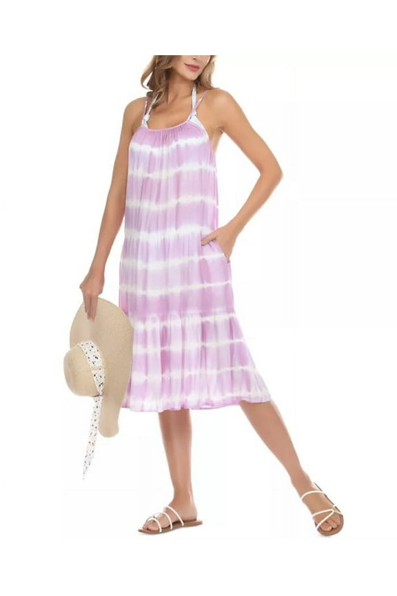 Women's Tie Dyed Tiered Swim Cover Up Dress Swimsuit Purple Size Large