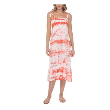 Raviya Womens Coral Tie Dye Stretch Tie Ruffled Midi Dress Smocked Adjustable: L/Orange