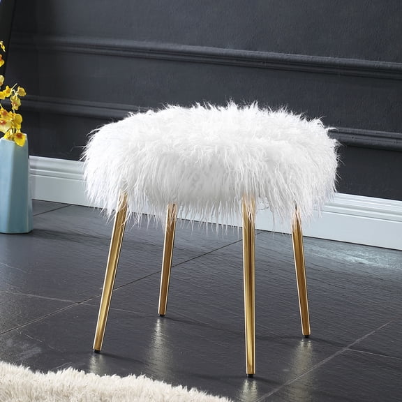 Ravni Faux Fur Accent Ottoman Soft Faux Fur Gold Metal Legs Decorative Footrest