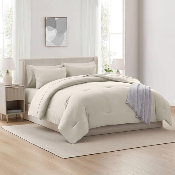 Ravure Queen Comforter Set, Modern Solid Queen Size Comforter Set, 7-Pc All Season Bedding Comforter Set, Oatmeal