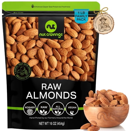 Nut Cravings Raw Almonds Whole, Shelled, Unsalted, California Grown, Non-GMO, Keto Friendly (16oz - 1 lbs)