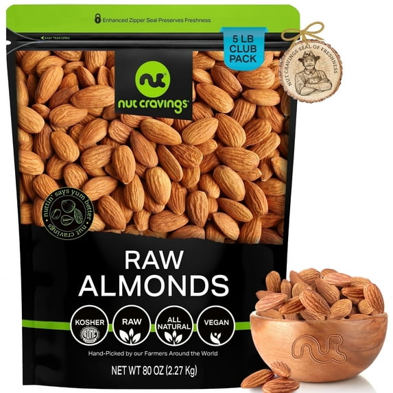 Nut Cravings Raw Almonds, Whole, Shelled, Unsalted (80oz - 5 lbs)