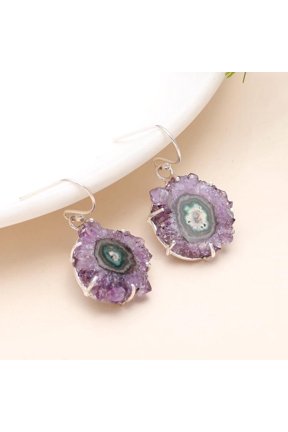 Raw Amethyst Drusy Dangle Earrings in 925 Sterling Silver Natural Geode Slice Crystal Jewelry, Gift for Her