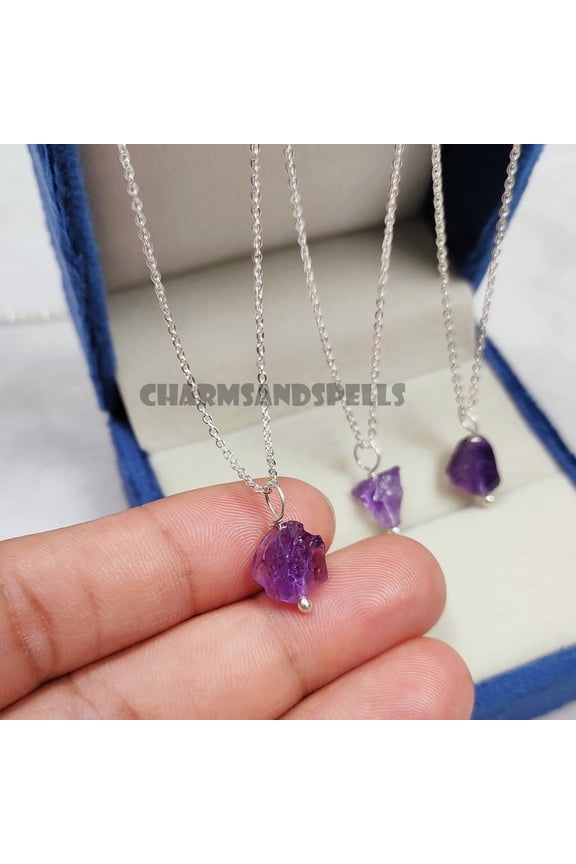 Raw Amethyst Pendant, 925 Sterling Silver Crystal Necklace, Natural Amethyst Jewelry, Empath Protection Necklace, 6th Anniversary Gifts