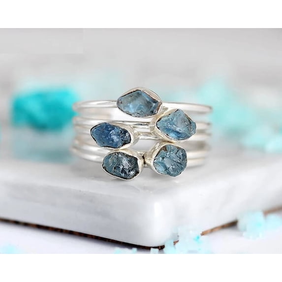 Raw Aquamarine Ring, 5 Set Of Ring, Sterling Silver Ring, Ring, Rough Stone Ring, Handmade Ring, Minimalist Ring, Stacking Ring, Gift Her