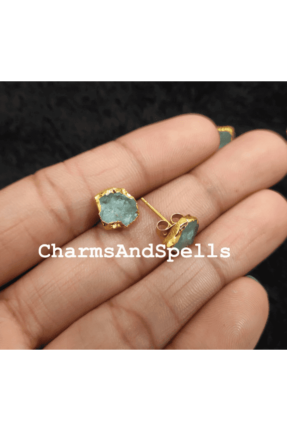 Charms And Spells Raw Aquamarine Stud Earrings for Women, Gold Electroplated Gemstone Jewelry