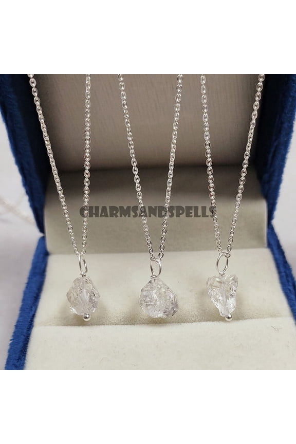 Raw Clear Quartz Sterling Silver Necklace, Natural Gemstone Necklace, Herkimer Diamond Pendant, Healing Crystal Necklace April Birthstone