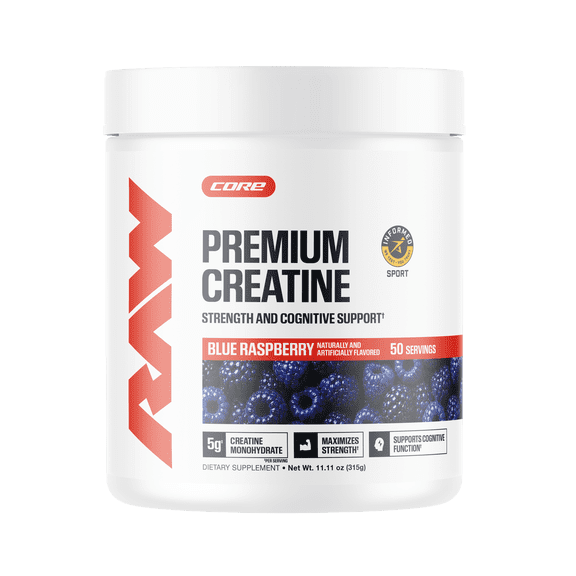 RAW Nutrition Essential Creatine Monohydrate Powder, 5g Per Serving, Blue Raspberry, 50 Servings