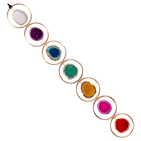 7 Chakra Gemstone Wall Decor, Raw Crystal 18.1 in / 46 cm Natural Agate Slice Hanging with Gold Rings for Home Living Room