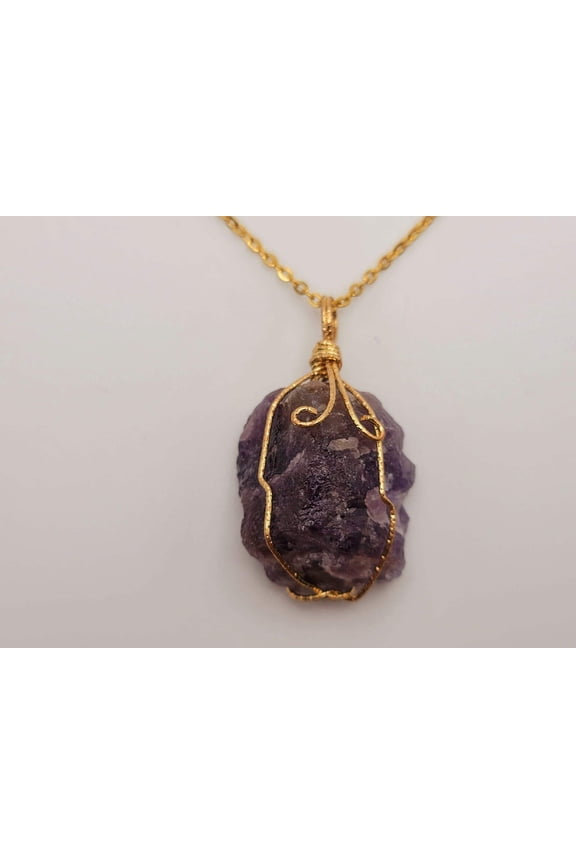 Raw Crystal Necklace, Amethyst Raw stone Necklace Gold Wired Handmade