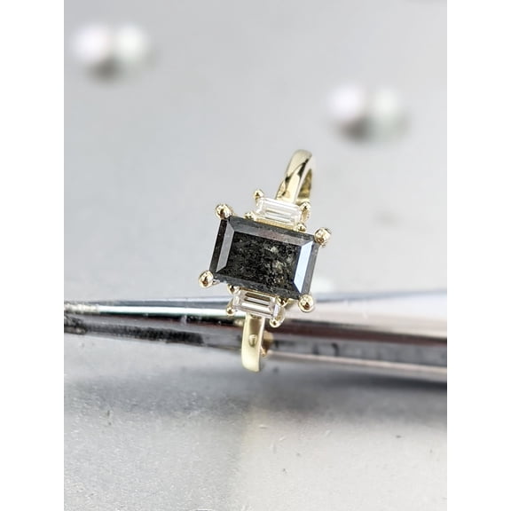 Raw Diamond baguette Moissanite Baguette, Salt and Pepper, Unique Bridal Engagement, Rose Cut Geometric Diamond Ring