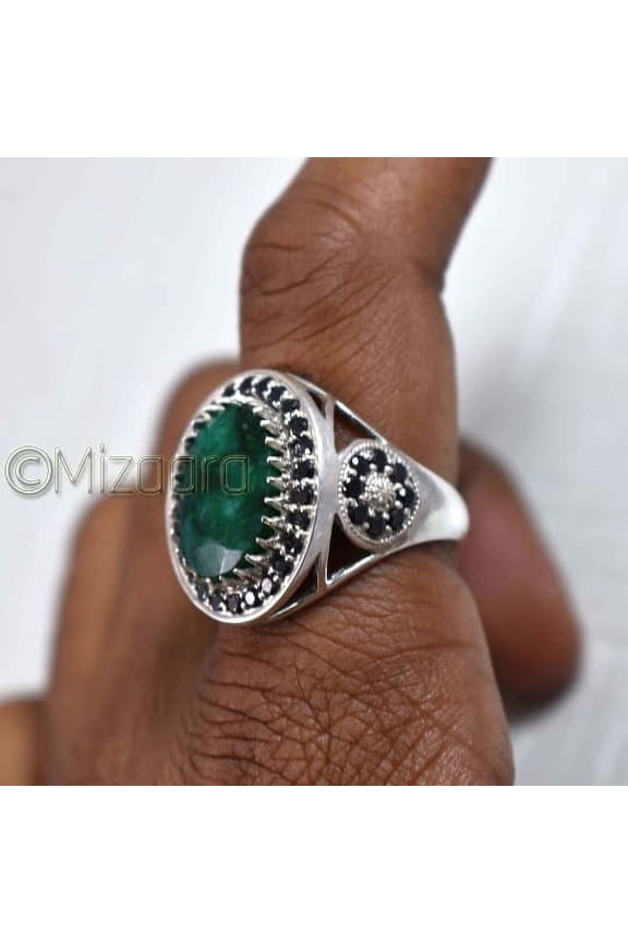 Raw Emerald Ring, 925 Silver Black CZ Ring, Men Signet Ring, Handmade Ring, Original Gemstone Ring
