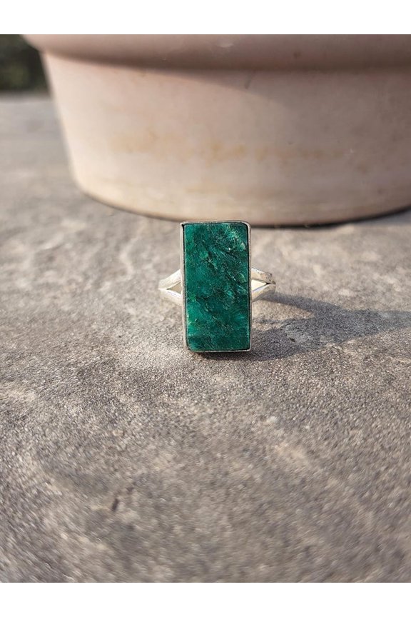Raw Emerald Ring - Rectangular Green Gemstone, Sterling Silver Split Shank Design, Artisan Handcrafted Minimalist Jewelry Gift