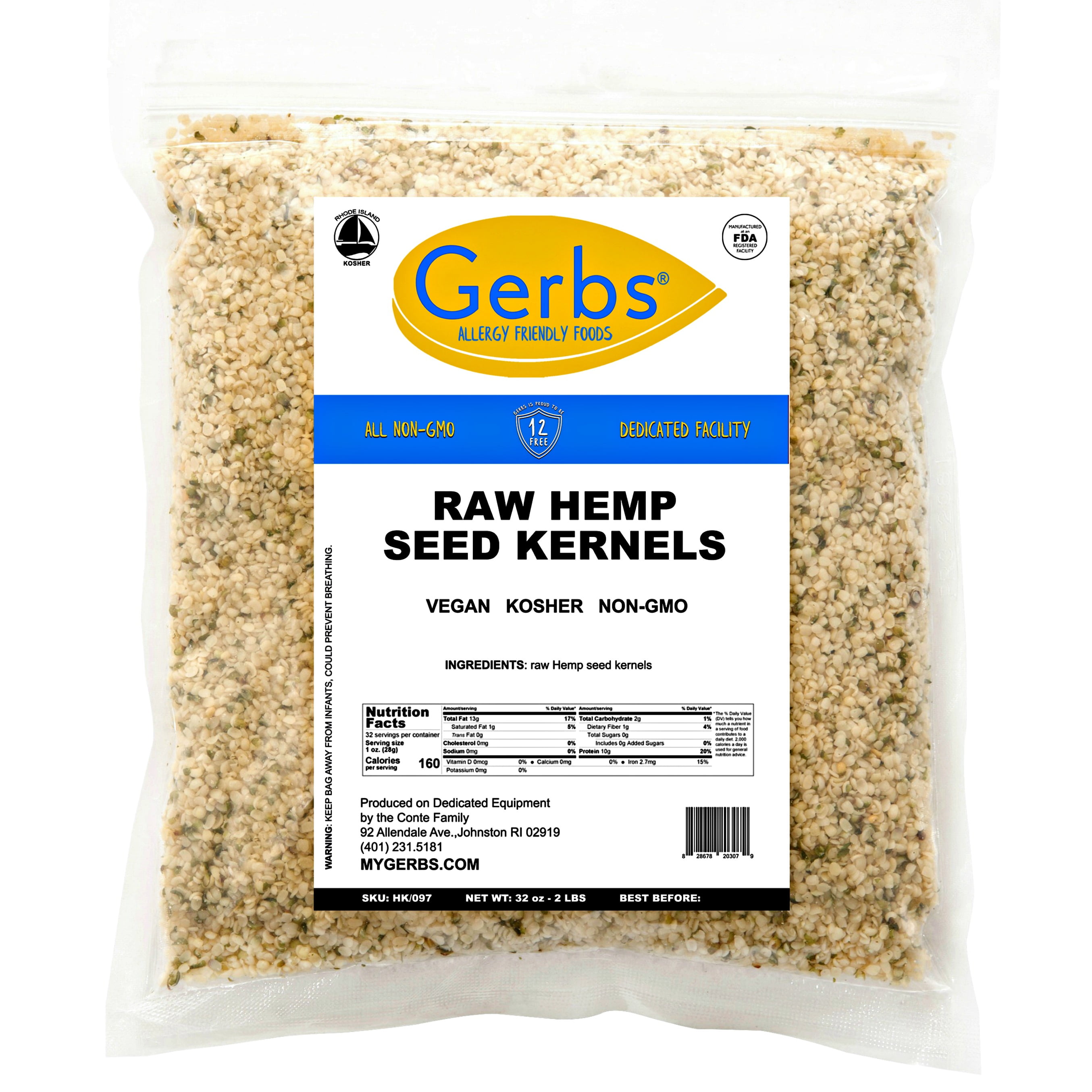 Raw Hemp Seed Kernels (Hearts) by Gerbs - 2 LBS - Top 14 Food Allergy Free & NON GMO