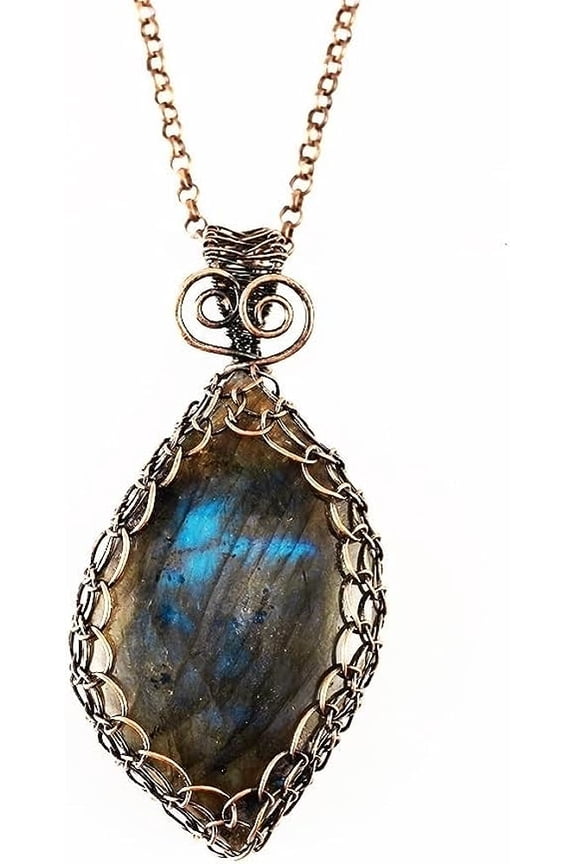 Raw Labradorite Antique Bronze Crystal Birthstone Necklace,Wire Wrap
