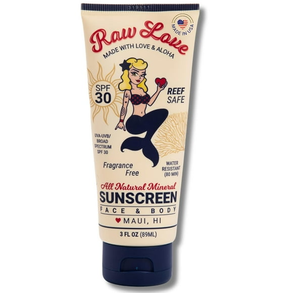Raw Love Mineral Sunscreen Lotion for Face & Body | Reef Safe Sunscreen for Adults and Kids | Zinc Oxide Sunscreen, Water Resistant, Broad Spectrum UVA/UVB SPF 30 Protection for Sensitive Skin | 3oz