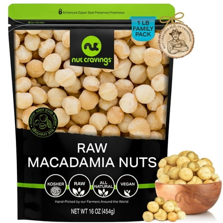 Nut Cravings Raw Macadamia Nuts, Unsalted, Bulk Nuts Healthy Protein Food Snack, Natural, Vegan, Kosher (16oz - 1 lbs)