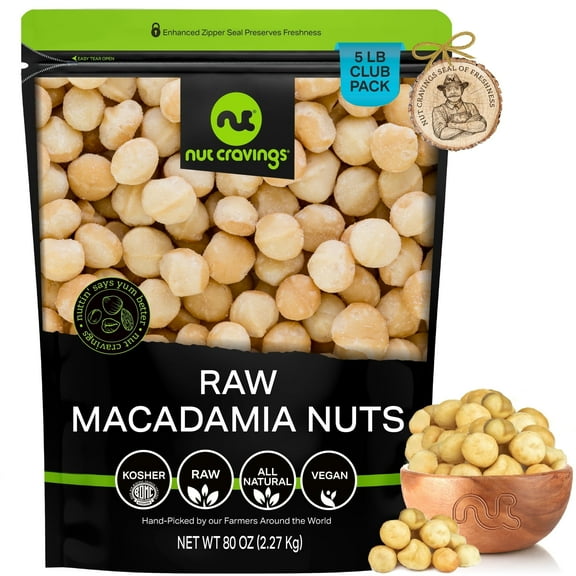 Nut Cravings Raw Macadamia Nuts, Unsalted, Bulk Nuts Healthy Protein Food Snack, Natural, Vegan, Kosher (80oz - 5 lbs)
