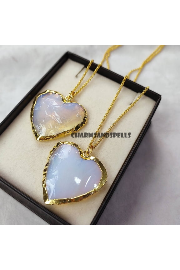 Raw Milky Opalite Heart Shape Necklace, Big Crystal Necklace, Gemstone Jewelry for Her, Opalite Dainty Necklace, Crystal Necklaces, Gifts