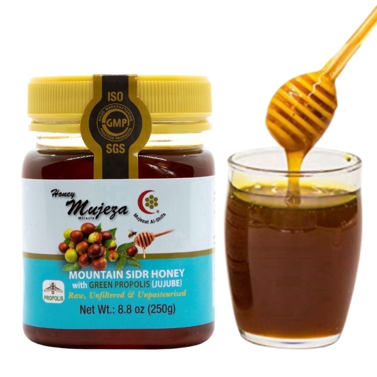 Authentic Mountain Sidr Honey with Propolis – Jujube Honey, Supports Mental Health, Memory and Cognition, 100% Natural, Raw Liquid Honey, Gluten Free (250g/ 8.8 oz)