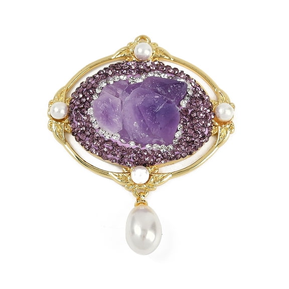 Raw Natural Amethyst Pendants Brass Indigo Rhinestone Oval Charms with Plastic Imitation Pearl Tassel Golden 50x40x12.5~14mm Hole: 1.4mm