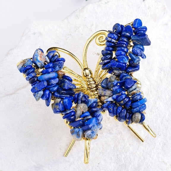 Raw Natural Lazuli Chip Mineral Specimen Display Decorations with Butterfly Metal Holder for Home Desktop Feng Shui Ornament 65x75mm