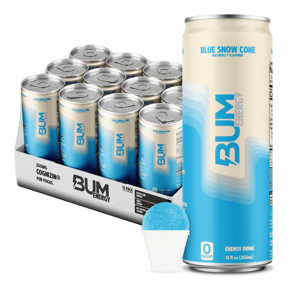 Raw Nutrition BUM Energy Drink, 112 mg Natural Caffeine, Blue Snow Cone, 12 fl oz, 12 Pack