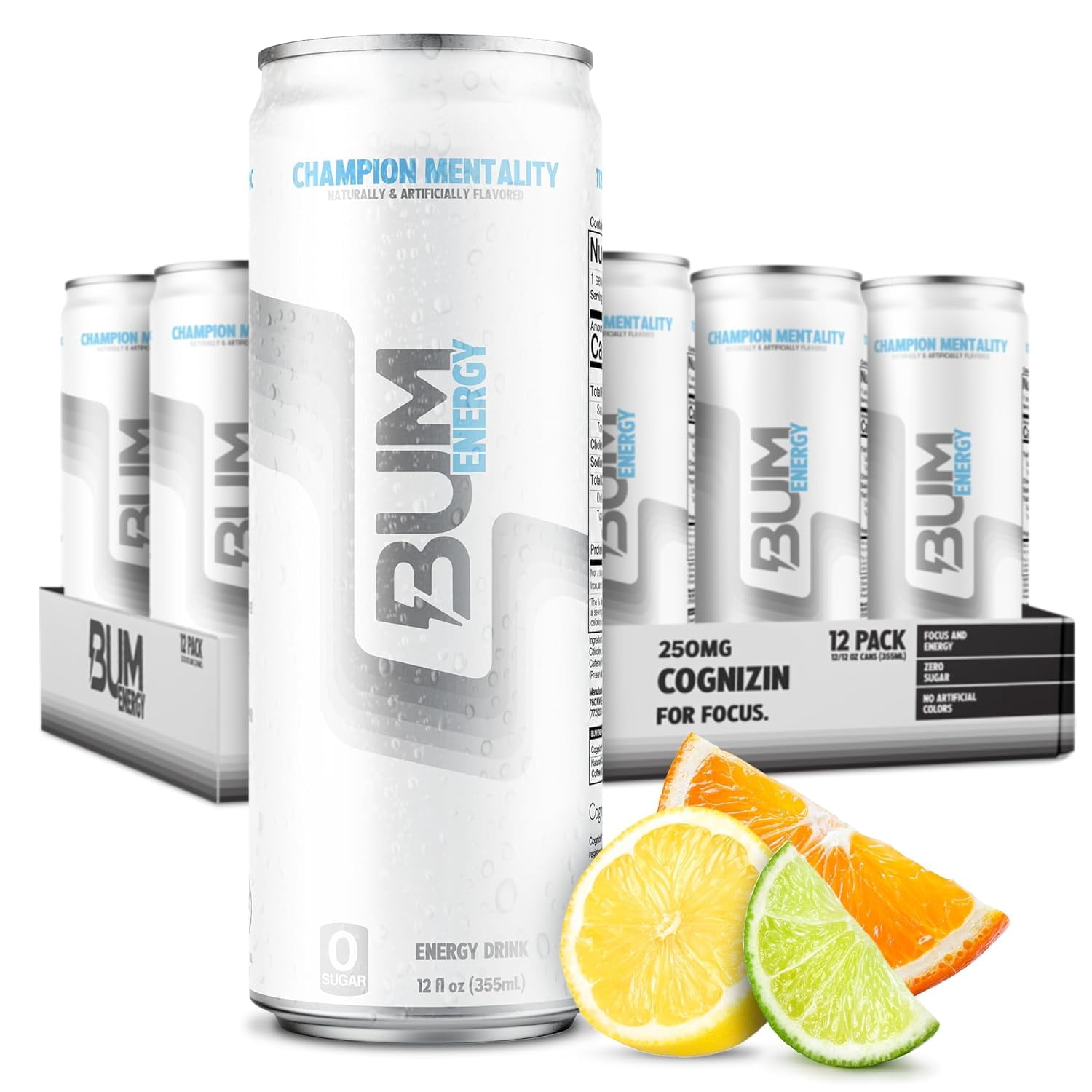 BUM Sugar-Free Energy Drink, Champion Mentality - Lightly Carbonated & No Artificial Colors, Natural Caffeine & Citicoline for Energy & Focus, Brain Boost & Workout Sports Beverage - 12 oz, Pack of 1