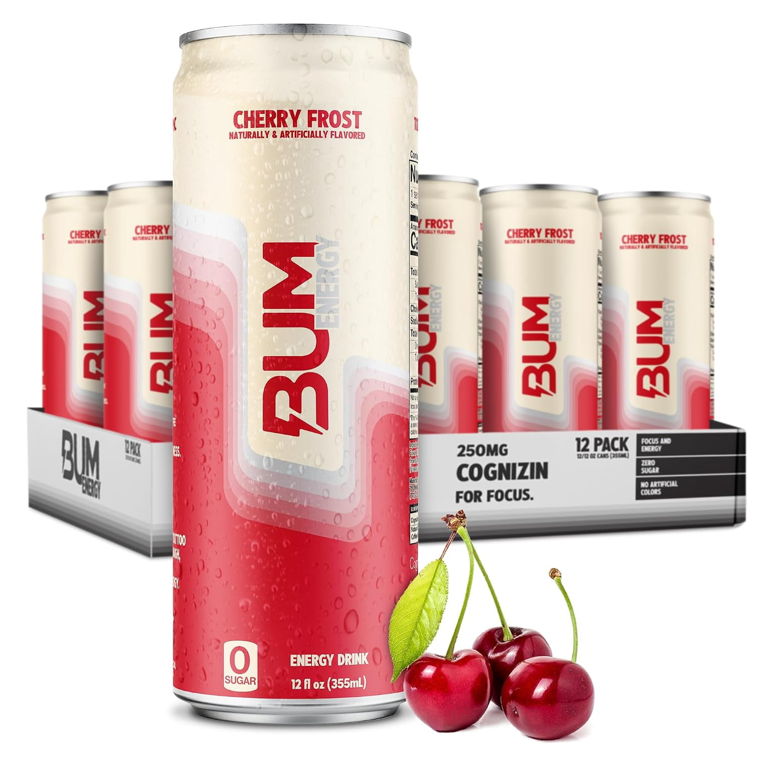 BUM Energy Cherry Frost Zero Sugar Energy Drink, 112mg Natural Caffeine, Crash Free Focus, 12 fl oz Cans, 12 Pack