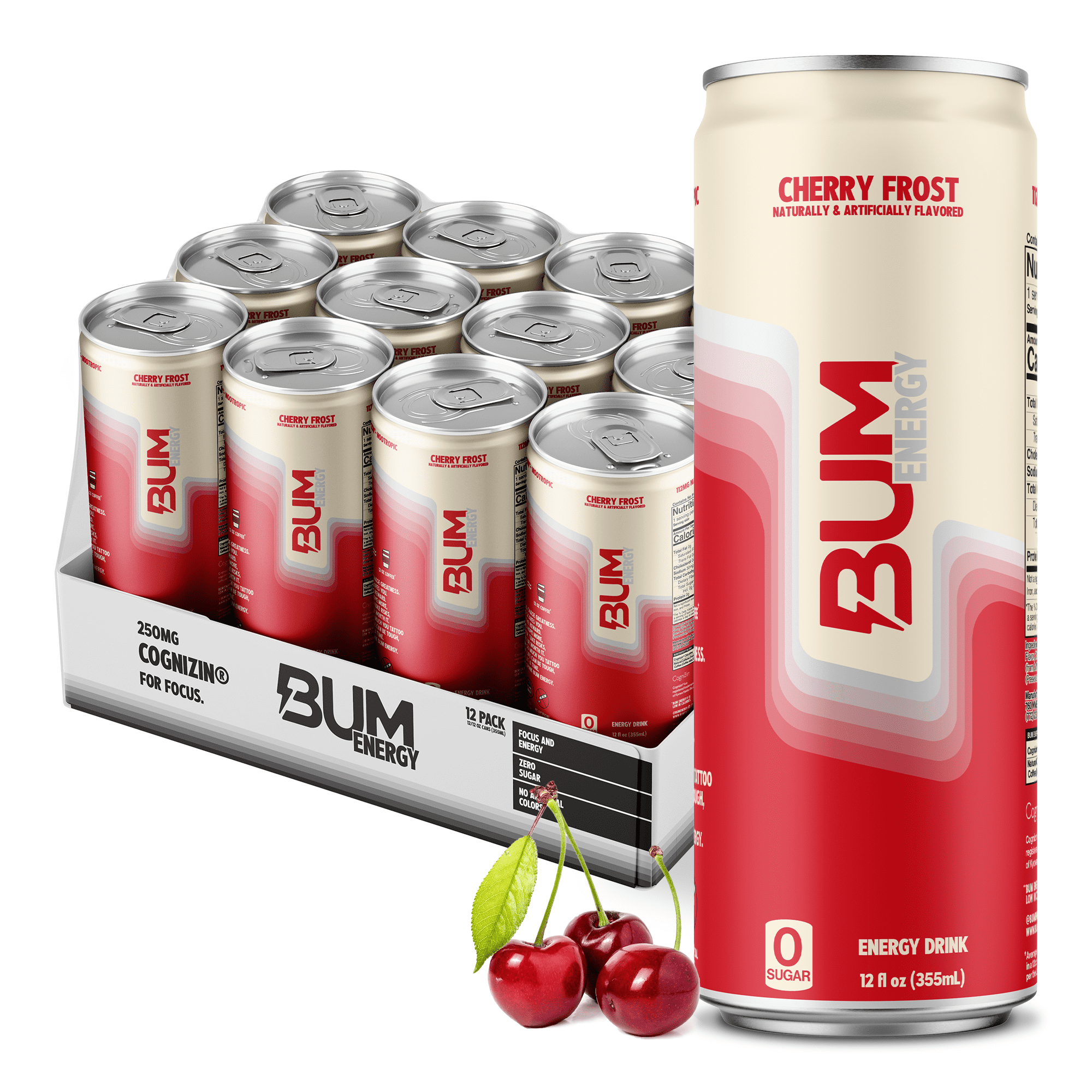 Raw Nutrition BUM Energy Drink, 112 mg Natural Caffeine, Cherry Frost, 12 fl oz, 12 Pack