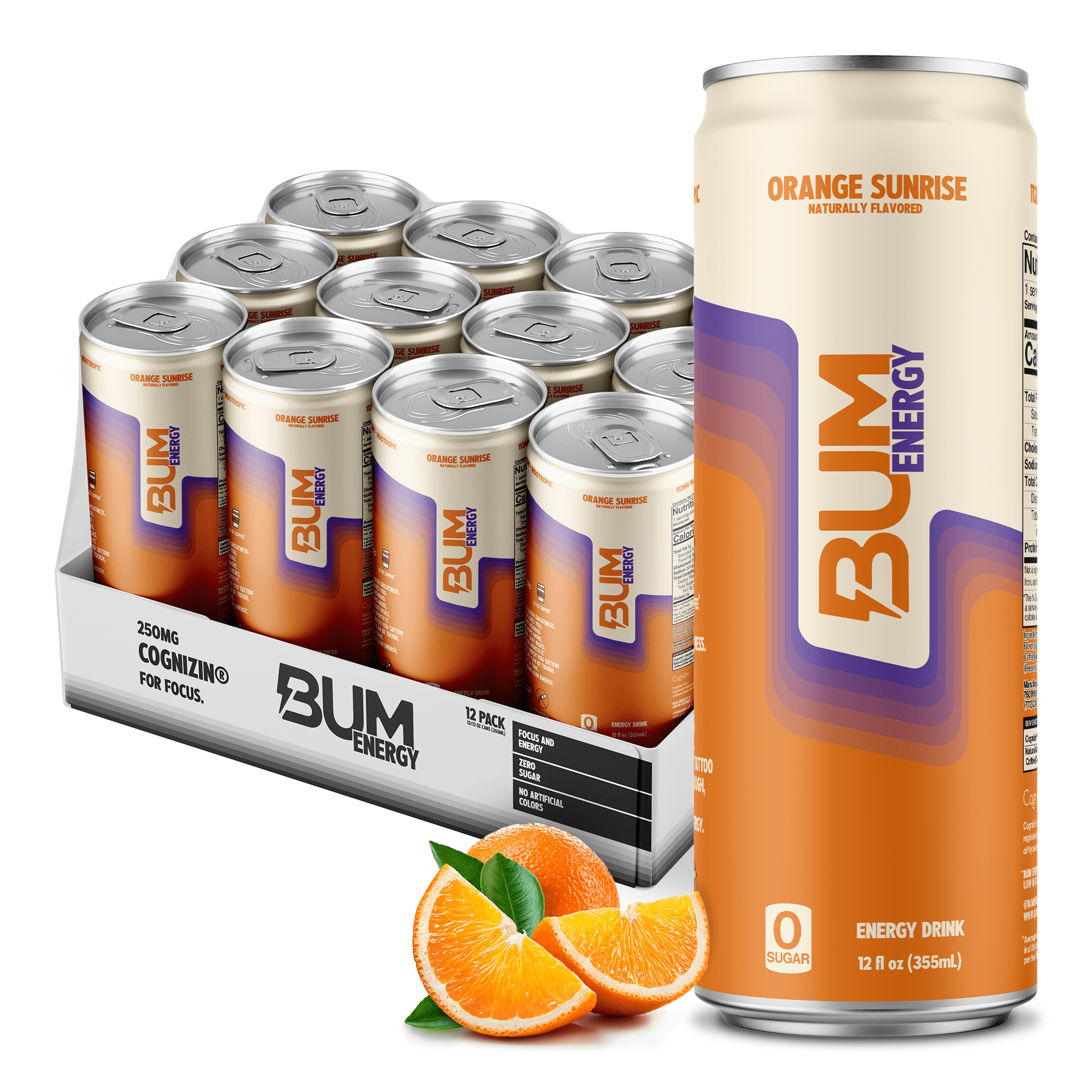 Raw Nutrition BUM Energy Drink, 112 mg Natural Caffeine, Orange Sunrise, 12 fl oz, 12 Pack