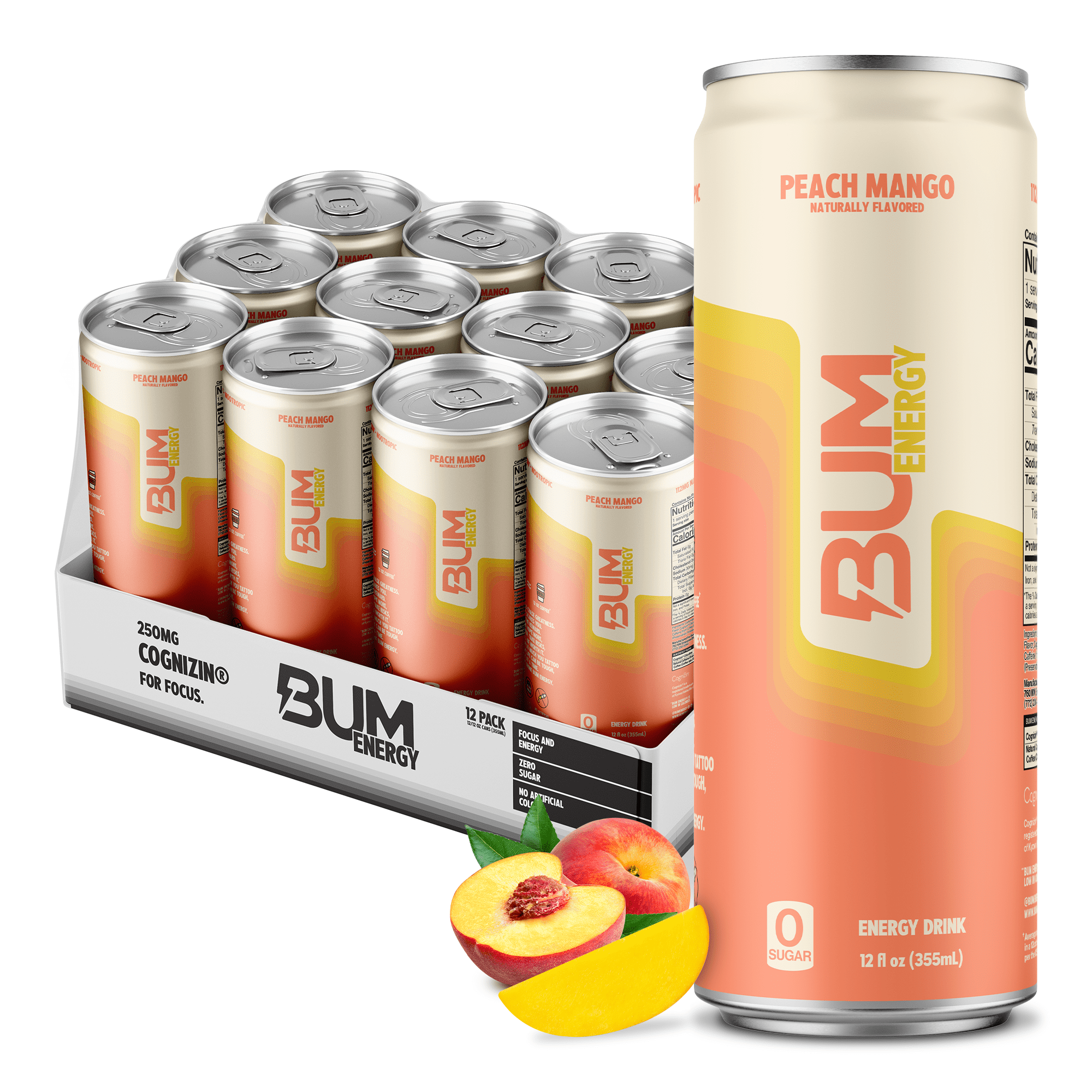 Raw Nutrition BUM Energy Drink, 112 mg Natural Caffeine, Peach Mango , 12 fl oz, 12 Pack