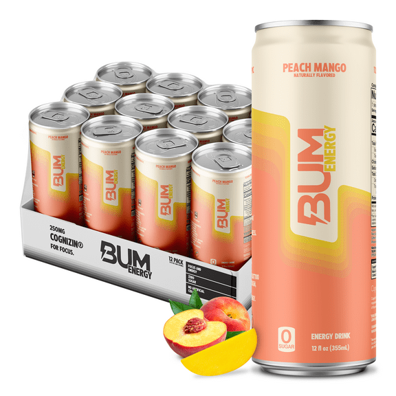 Bum Energy Peach Mango Energy Drink, 112 mg Natural Caffeine, 12 fl oz, 12 Pack