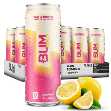 BUM Energy Pink Lemonade Zero Sugar Energy Drink, 112mg Natural Caffeine, Crash Free Focus, 12 fl oz Cans, 12 Pack