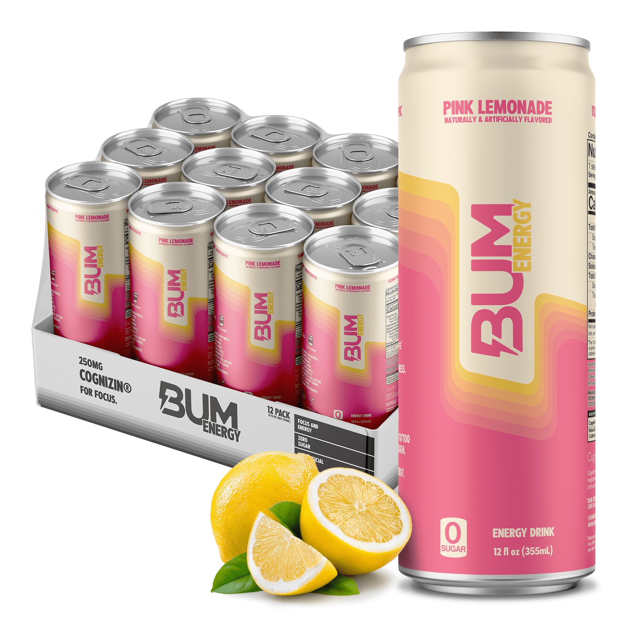 Raw Nutrition BUM Energy Drink, 112 mg Natural Caffeine, Pink Lemonade, 12 fl oz, 12 Pack