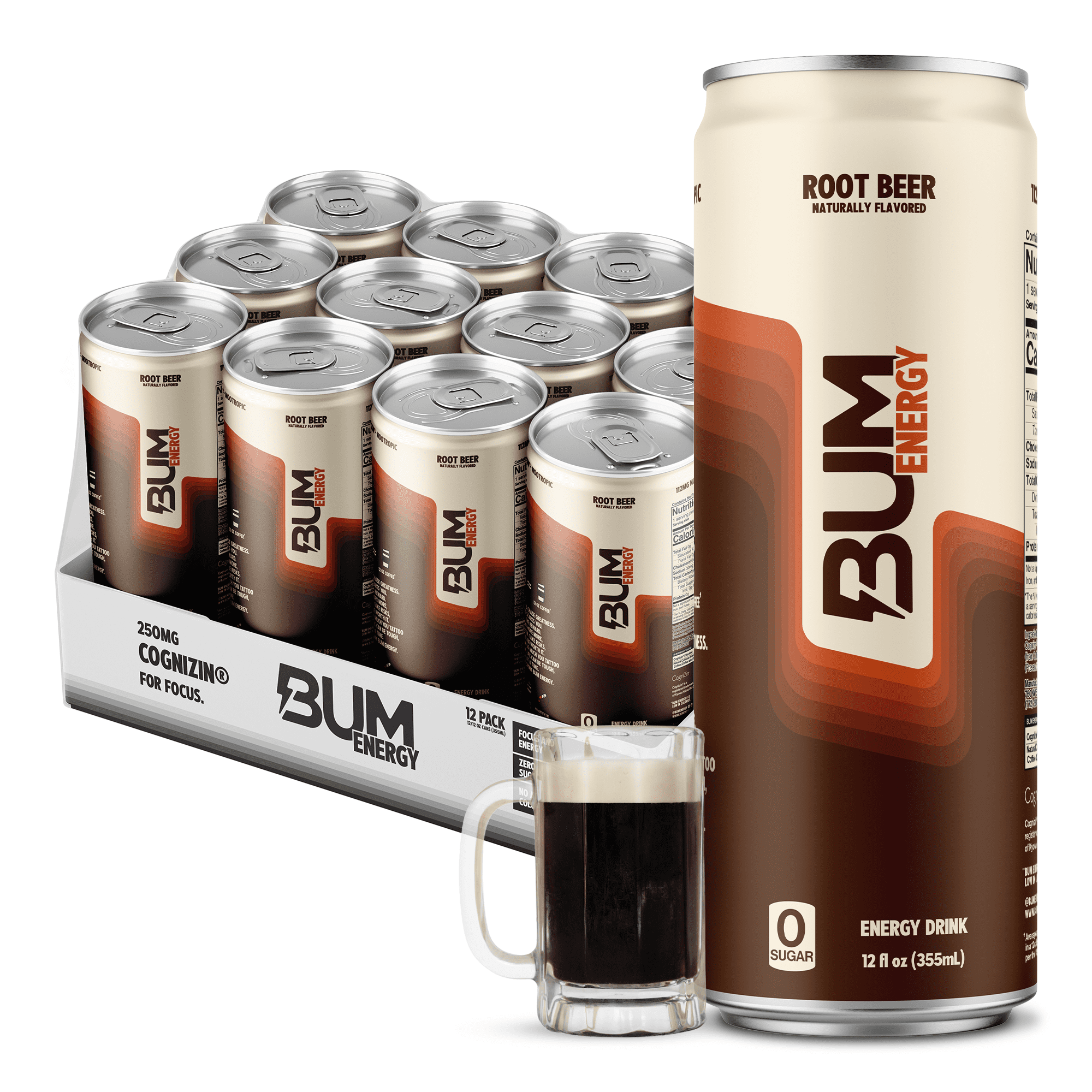 Raw Nutrition BUM Energy Drink, 112 mg Natural Caffeine, Root Beer, 12 fl oz, 12 Pack